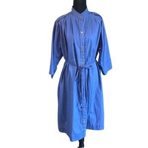 Vintage Models Coat Blue Button-Up Midi Dress artist smock belted pockets 12 USA